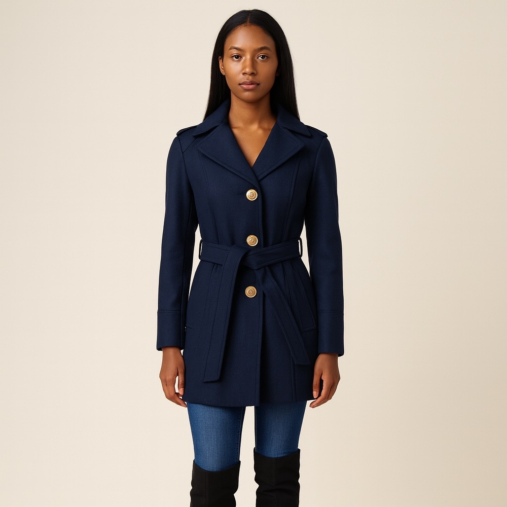 Michael Kors Hooded Dark Blue Wool Blend Coat Size Petite L